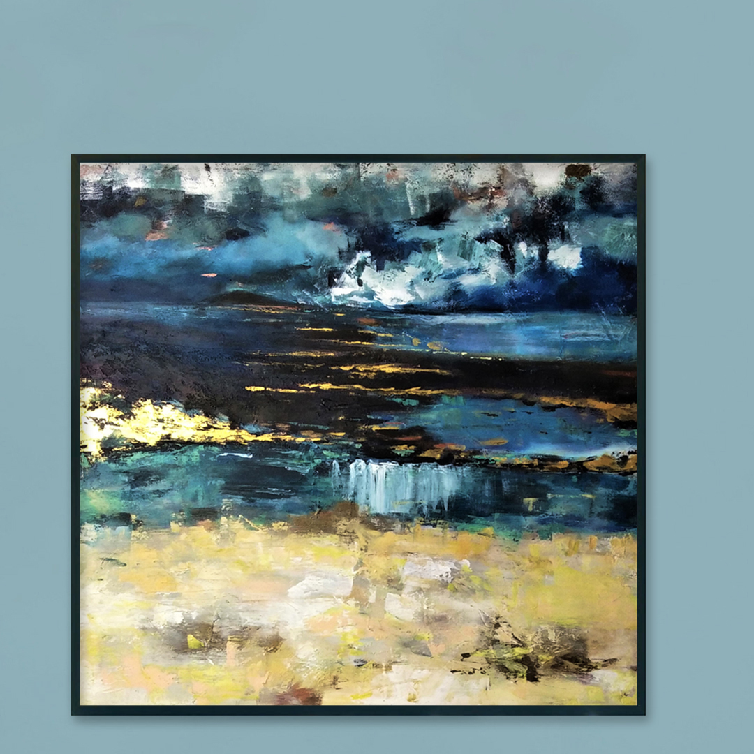 Obraz Akrylowy W Nieznane 100 x 100 cm obraz na niebieską scianę Piękny ręcznie malowany obraz na płótnie na niebieskiej ścianie
