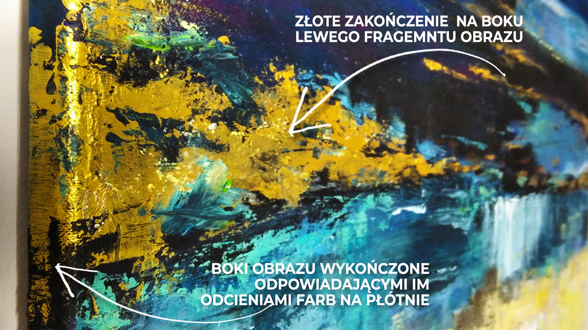Obraz Akrylowy W Nieznane 100 x 100 cm złote zakończenielewego boku obrazu Nowoczesny obraz o modnych kolorach butelkowej zieleni. Dodatek do wnętrza w kolorze butelkowej zieleni. Ręcznie malowane malarstwo