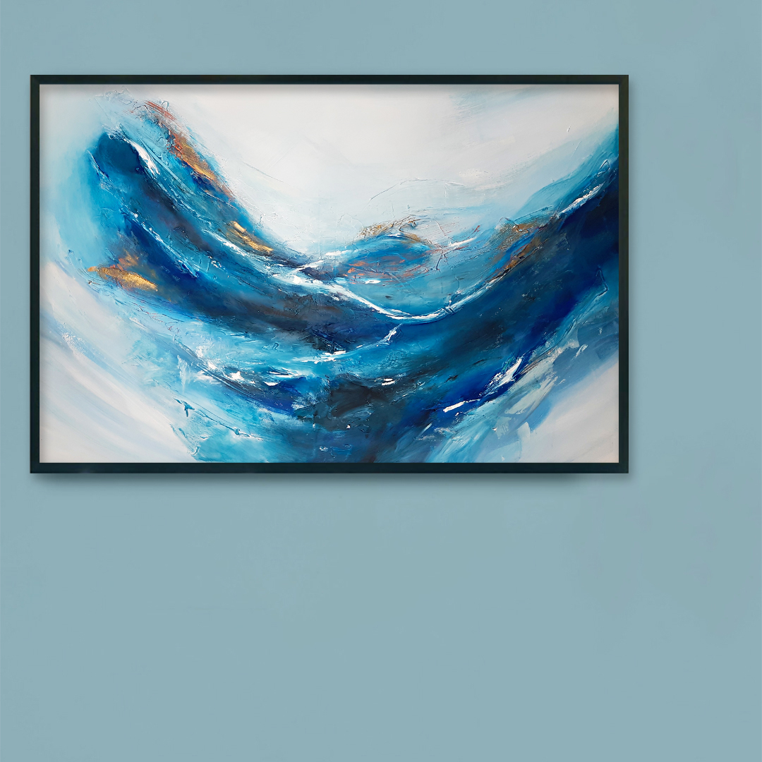 Obraz Akrylowy Podmuch 115 x 75 cm obraz na niebieskiej ścianie Duży ręcznie malowany pejzaż morski krajobraz. Obraz morski pejzaż online. Obrazy do salonu, sypialni. Galeria sztuki online z obrazami do kupienia.
