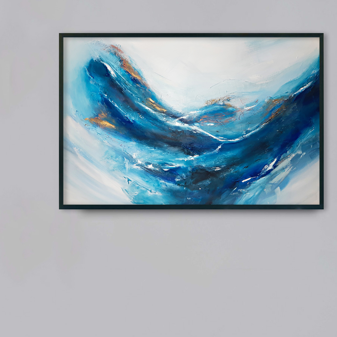 Obraz Akrylowy Podmuch 115 x 75 cm obraz na szarej ścianie Duży ręcznie malowany pejzaż morski krajobraz. Obraz morski pejzaż online. Obrazy do salonu, sypialni. Galeria sztuki online z obrazami do kupienia.