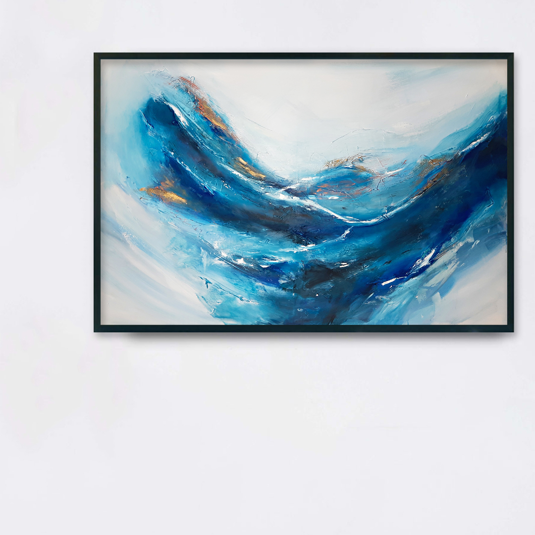 Obraz Akrylowy Podmuch115 x 75 cm obraz na białej ścianie Duży ręcznie malowany pejzaż morski krajobraz. Obraz morski pejzaż online. Obrazy do salonu, sypialni. Galeria sztuki online z obrazami do kupienia.