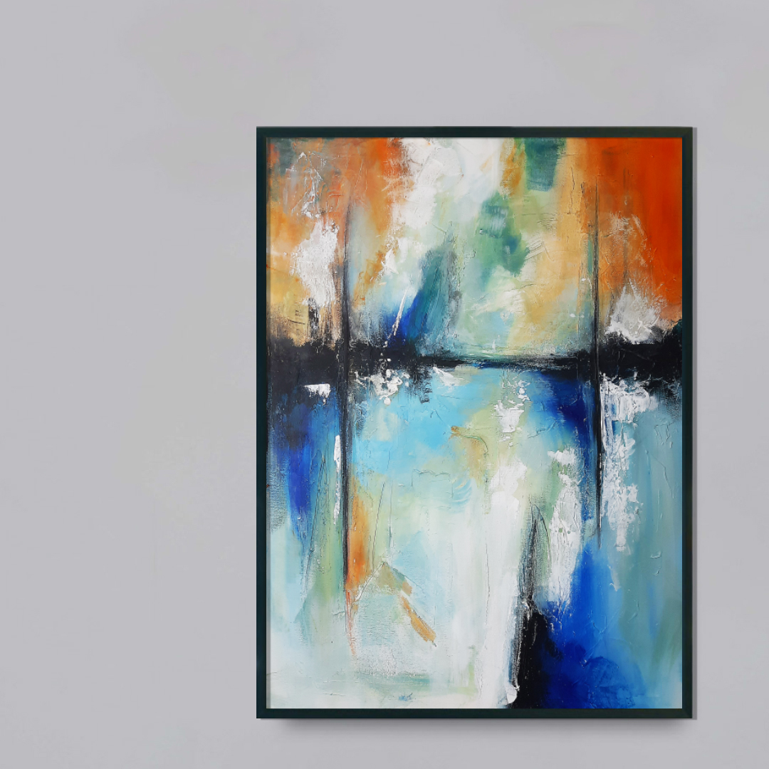 Obraz Akrylowy Port Morski 70 x 90 cm obraz na szarej ścianie morski pejzaż ręcznie malowany na płótnie do powieszenia na ścianie. Obraz akrylowy ręcznie malowany do kupienia.
