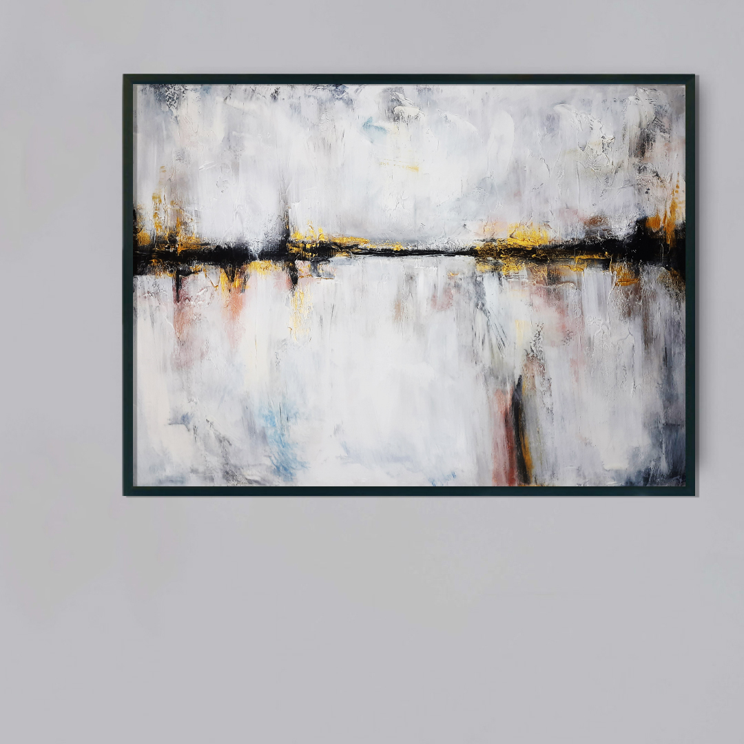 Obraz Akrylowy Złoty Brzeg 70 x 90 cm obraz na szarej ścianie Duży ręcznie malowany pejzaż morski krajobraz. Obraz morski pejzaż online. Obrazy do salonu, sypialni. Galeria sztuki online z obrazami do kupienia.