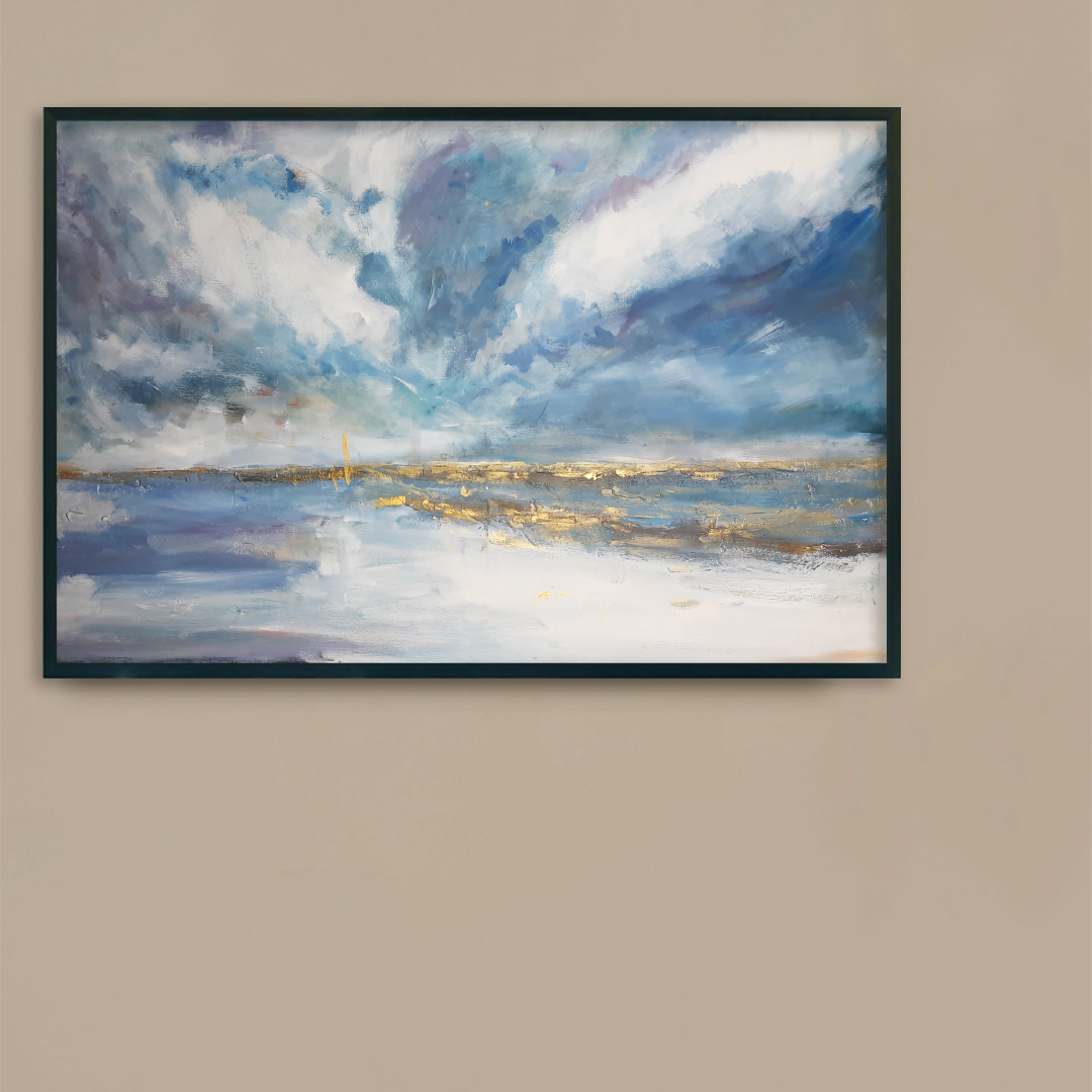 Obraz Akrylowy Złoty Pejzaż Morski 115 x 75 cm obraz na brązowej ścianie Duży ręcznie malowany pejzaż morski krajobraz . Obraz morski pejzaż online. Obrazy do salonu, sypialni. Galeria sztuki online z obrazami do kupienia.