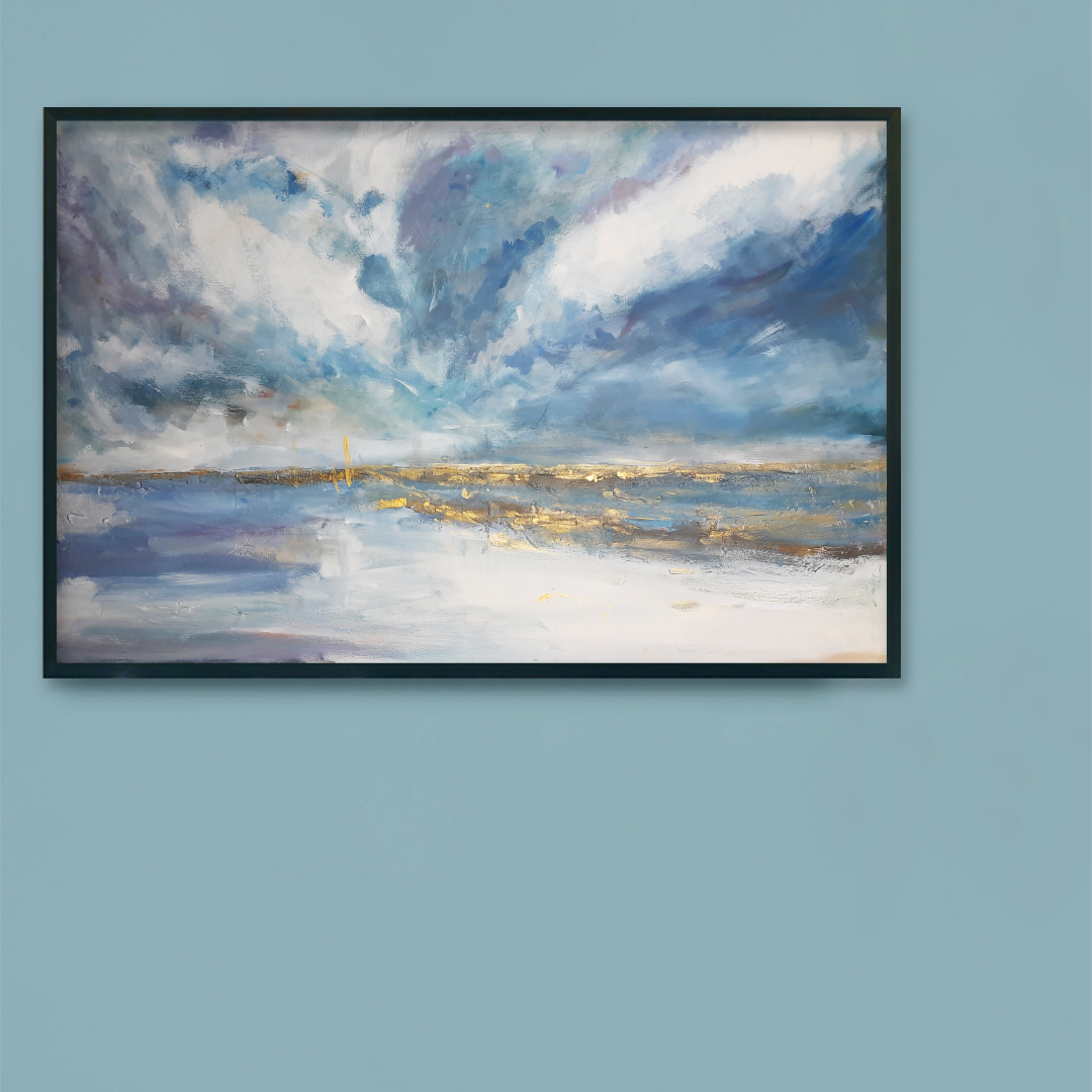 Obraz Akrylowy Złoty Pejzaż Morski 115 x 75 cm obraz na niebieskiej ścianie Duży ręcznie malowany pejzaż morski krajobraz . Obraz morski pejzaż online. Obrazy do salonu, sypialni. Galeria sztuki online z obrazami do kupienia.