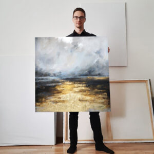 Kwadratowy – “Złoty Pejzaż Nadmorski” – Duży Abstrakcyjny Obraz do Salonu Abstrakcja Autorska Online