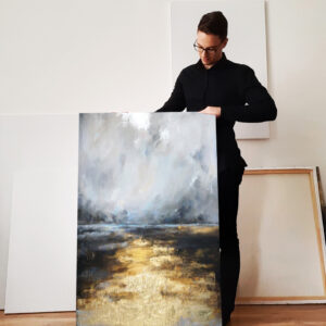 Pionowy – “Złoty Pejzaż Nadmorski” – Duży Abstrakcyjny Obraz do Salonu
