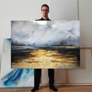 Poziomy – “Złoty Pejzaż Nadmorski” – Duży Abstrakcyjny Obraz do Salonu Autorski Obraz do Wnętrza na Ścianę