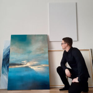 Pionowy – “Błękitny Blask” – Ręcznie Malowane Obrazy do Salonu Autorskie Obrazy Malowane do Salonu