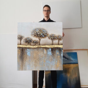 Kwadratowy – “Złota Łąka” – Ręcznie Malowane Obrazy do Salonu Autorskie Obrazy Malowane do Salonu